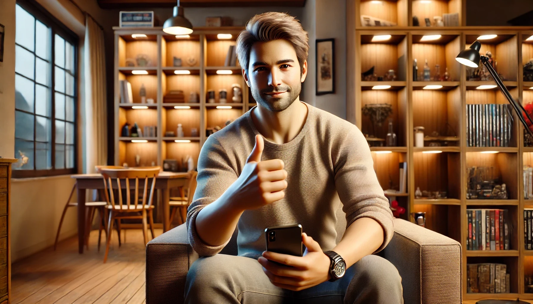 A collector holds his phone in one hand and gives a thumbs up with the other as he is pleased with the results of a coin identification app.