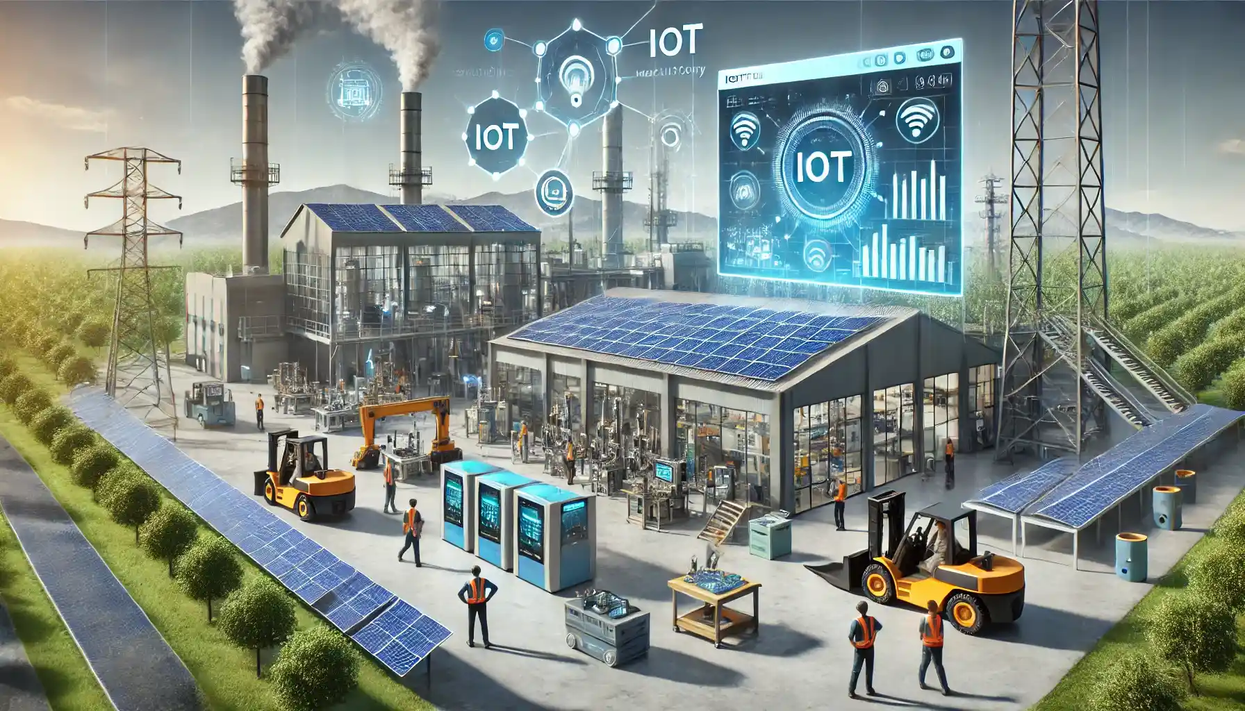 a sustainable manufacturing plant integrating IoT and green technology. The scene includes solar panels on the roof, IoT-enabled machines, and workers interacting with real-time analytics displayed on screens. 