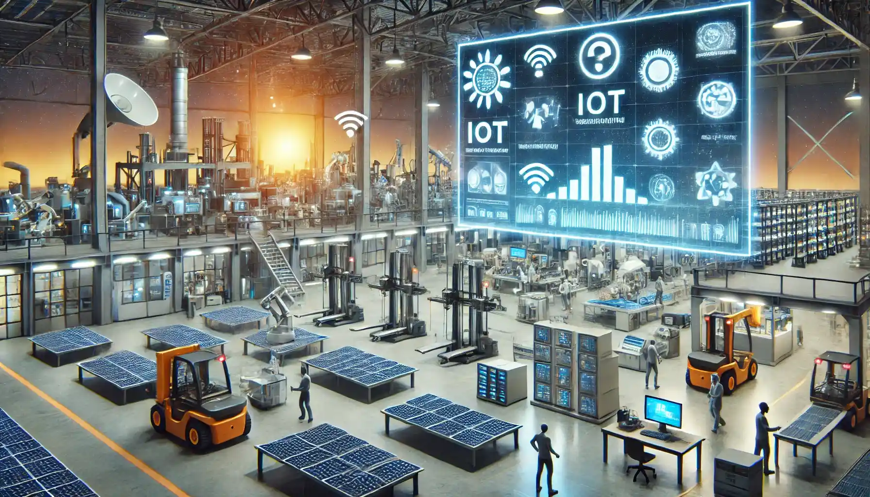 a futuristic manufacturing plant with IoT-enabled machines and 3D printers working in a highly sustainable environment.