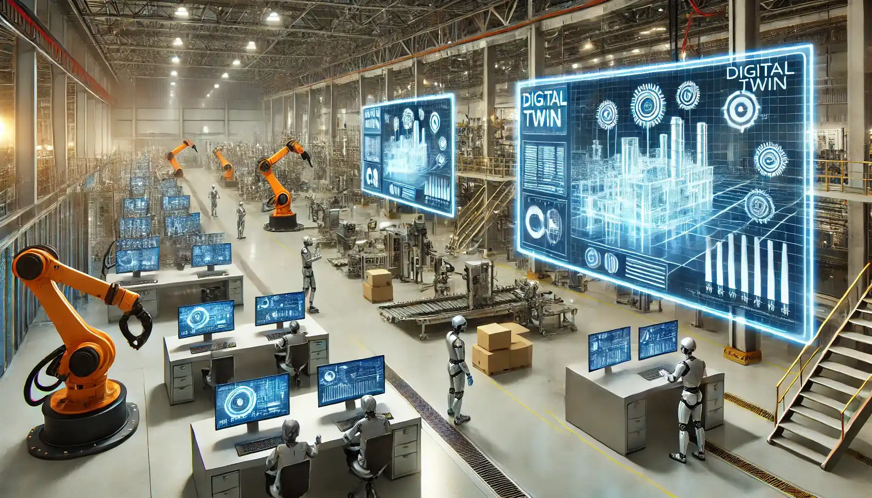 a futuristic factory floor with digital twin technology in action. Monitors display virtual replicas of machinery, and workers collaborate with AI-driven systems.