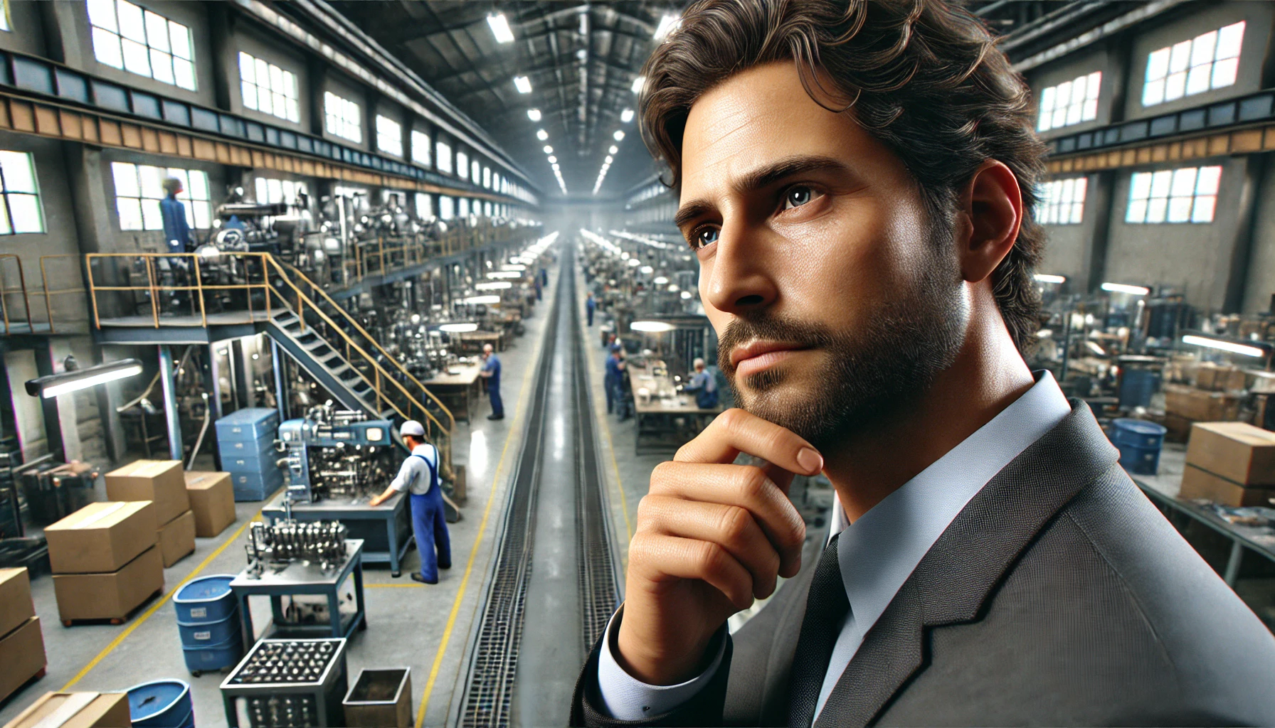 A contemplative manufacturing owner, dressed in professional attire, gazes thoughtfully at his detailed and bustling factory in the background.