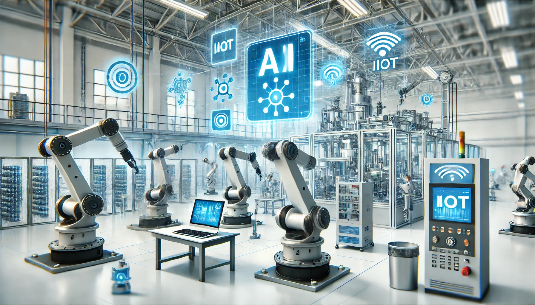 A smart factory environment featuring AI-powered machines, IIoT sensors, and robotics automation.