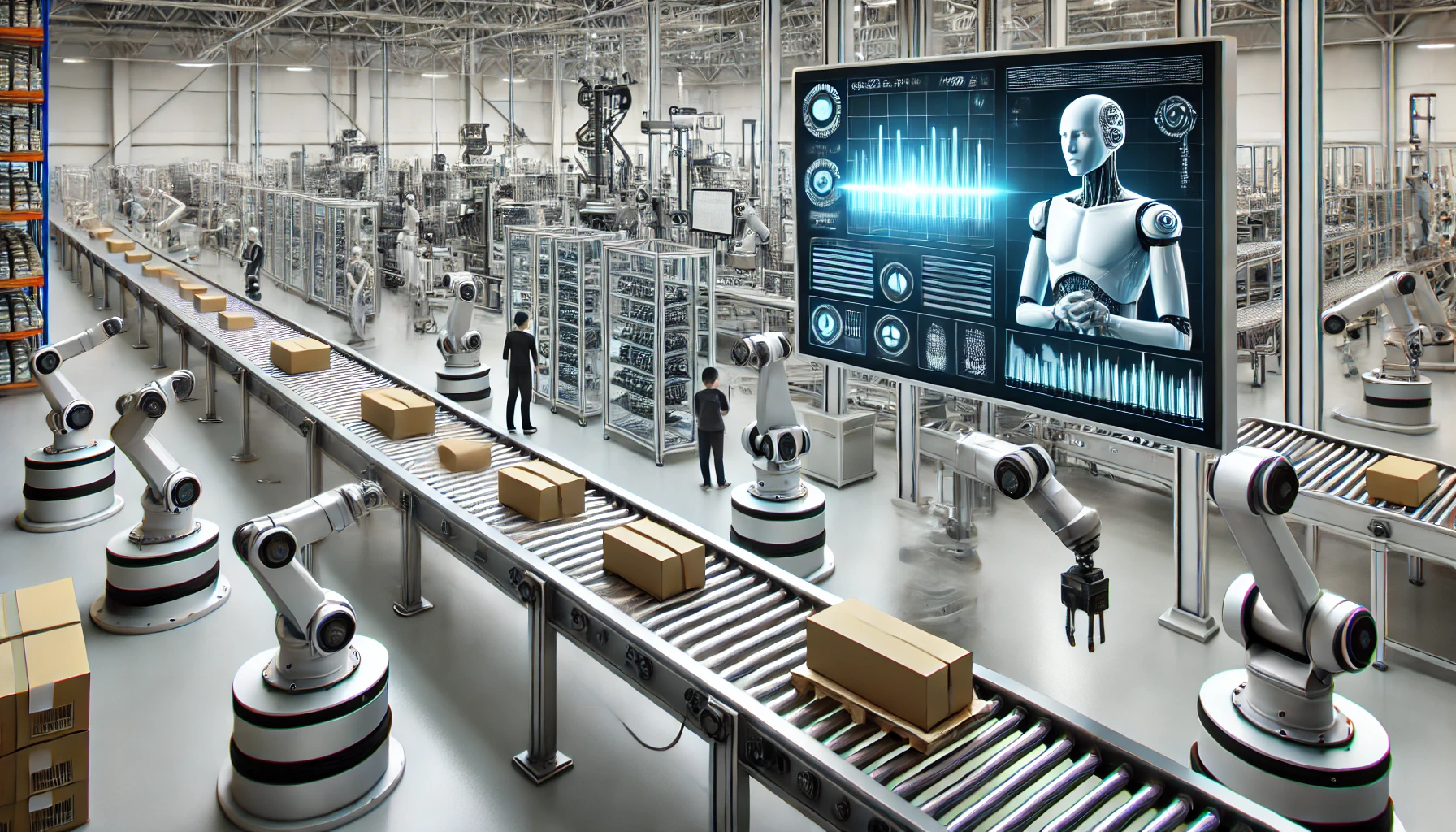 A high-tech factory environment showcasing AI-powered quality control systems in action.