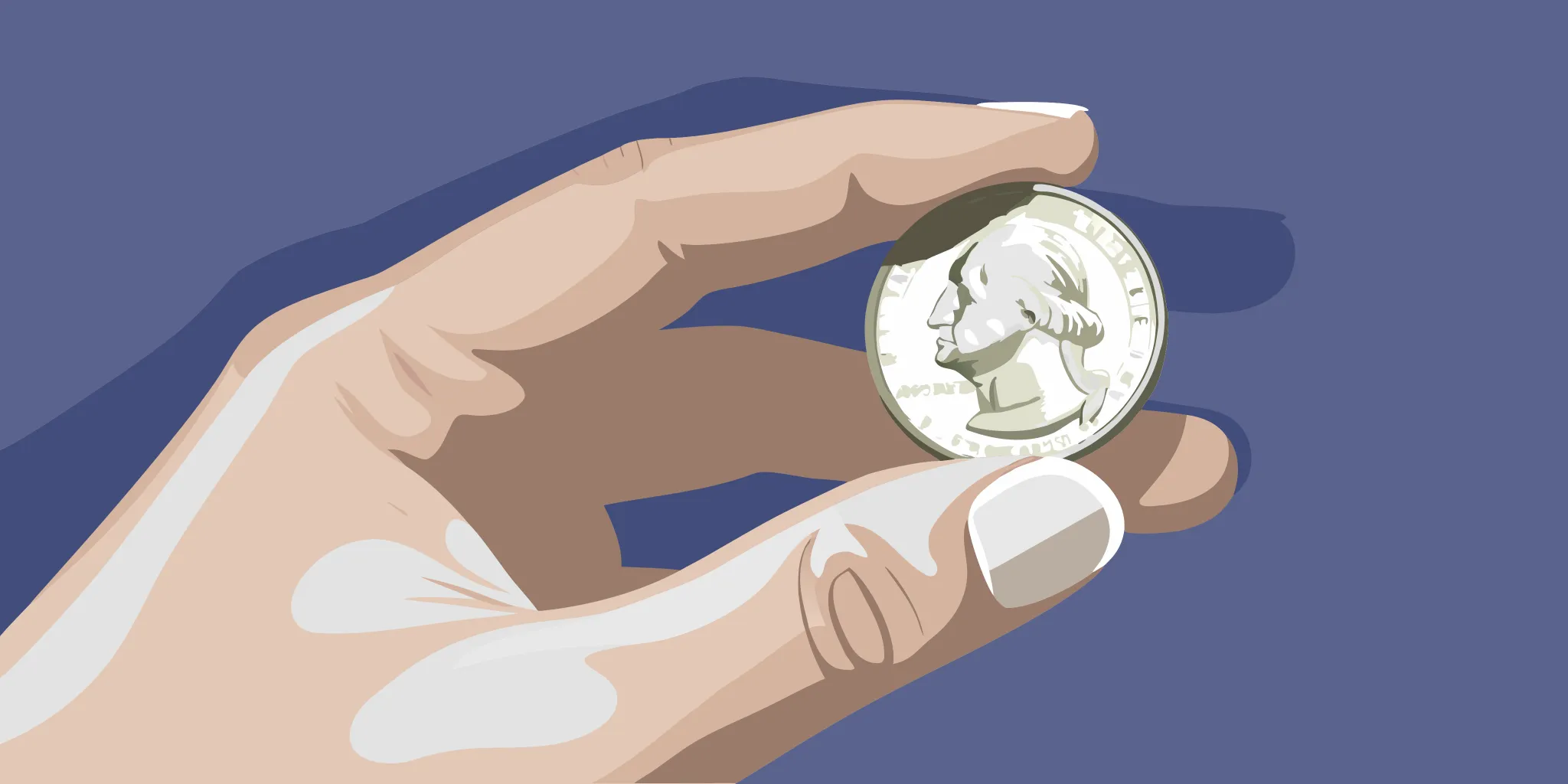 The hand holds a 1965 Washington Quarter