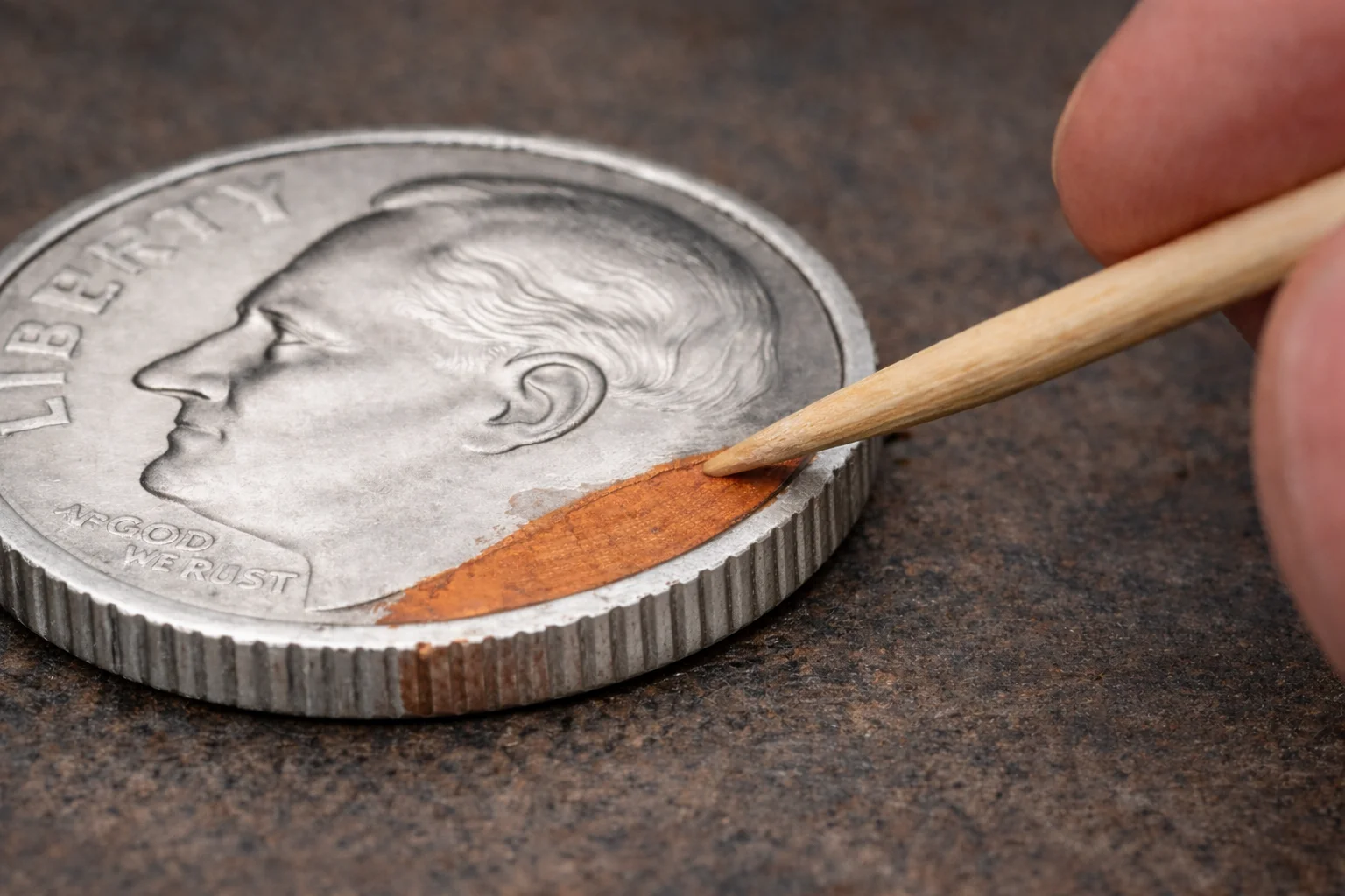 Roosevelt dime with missing clad layer showing copper core.