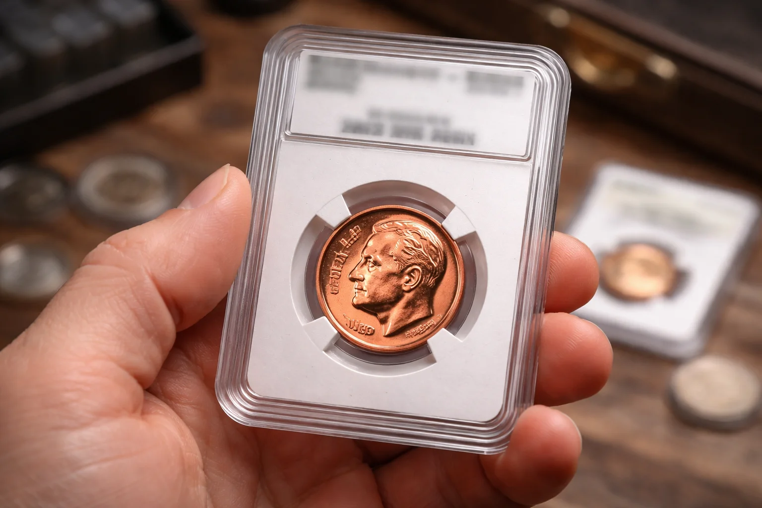 Certified copper-colored Roosevelt dime in a plastic holder.